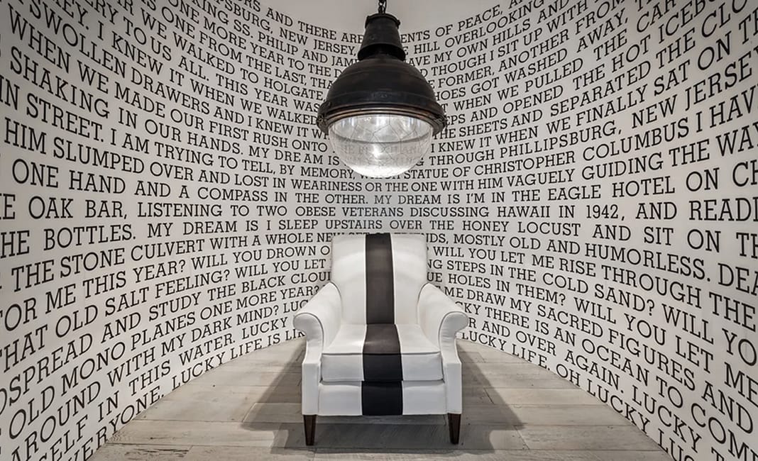 DianeKeatonGeraldStein Gerald Stein's poem Lucky Life on a curved wall in Diane Keaton's home