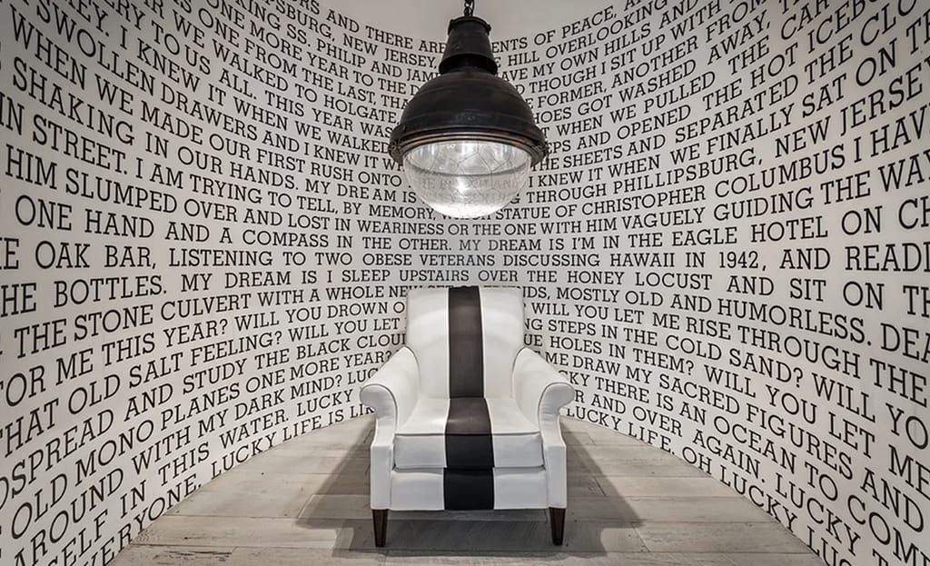 DianeKeatonGeraldStein - 1EarthMedia Gerald Stein's poem Lucky Life on a curved wall in Diane Keaton's home