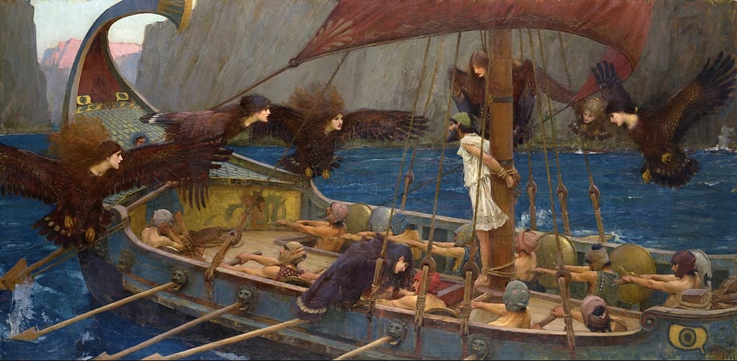 Man tied to the mast of a ship being rowed by men while Sirens (half bird, half woman) fly overhead, singing to the men