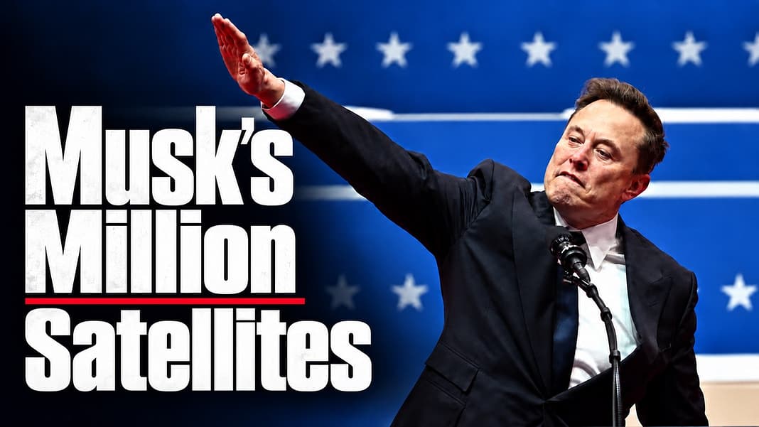 SpaceX’s Million-Satellite Plan Sparks Fight for Dark Skies Elon Musk sieg heil salute with banner headline Musk's Million Satellites