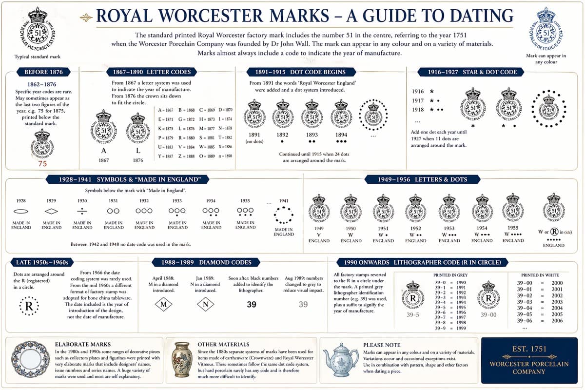 RoyalWorchesterMarks1200 - 1EarthMedia Infographic titled 'Royal Worcester Marks – A Guide to Dating' showing a timeline of porcelain marks and codes with illustrations of various stamps across periods to help dating pieces.