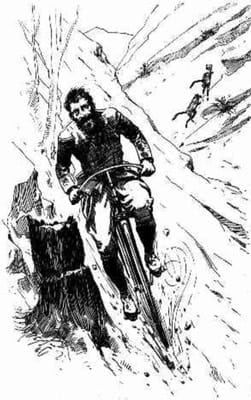 Drawing from 1896 showing Mulga Bill going downhil on a bicycle