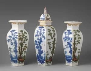 garniture_of_three_vases - 1EarthMedia Garniture of three Bristol porcelain vases, c. 1773, painted by Michel Socquet.