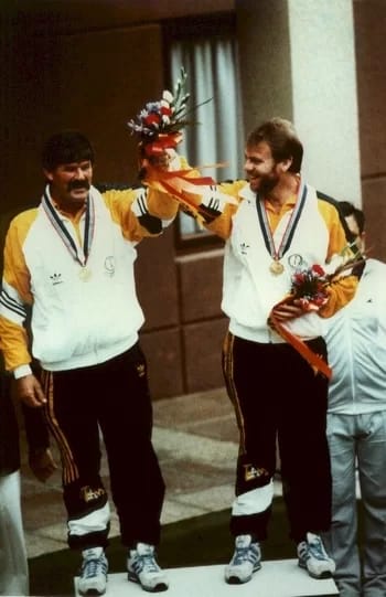 Philip Adams and Bruce Quick - 1EarthMedia Gold Medallists in the Pairs 25m Centre Fire Pistol Standing, left, Phillip Adams and Bruce Quick