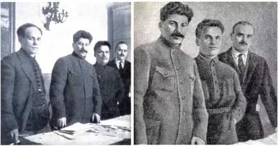 soviet08a400 - 1EarthMedia Original photo included from left to right: Anippov, Stalin, Kirov, and Shvernik.