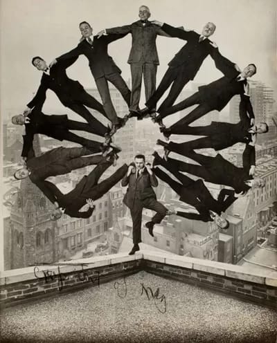 fake025-400 - 1EarthMedia Man on Rooftop with Eleven Men in Formation on His Shoulders (Unidentified American artist, ca. 1930)