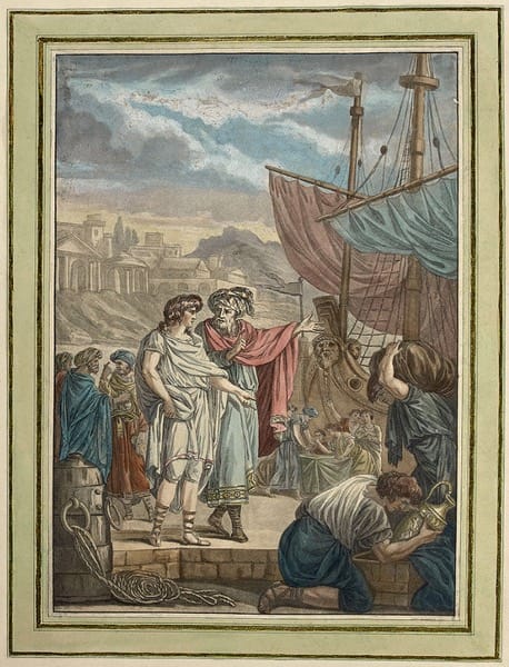 Illustration of an ancient harbor: a ship at dock, two men in tunics greet each other as crowds watch.