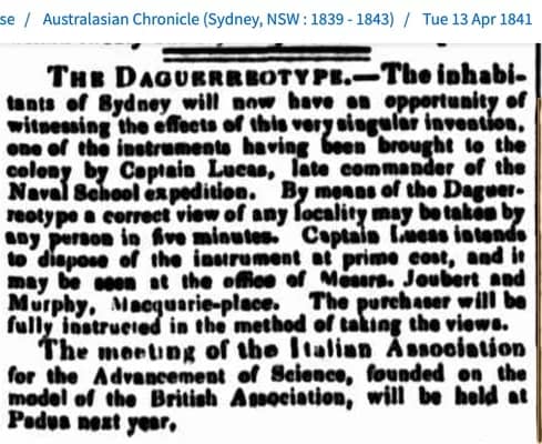 The record of the first photograph using a Daguerreotype in Australia, 1841