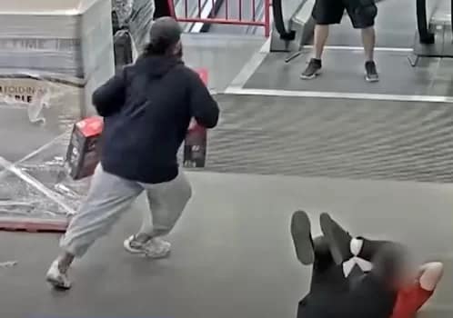 Bunnings CCTV footage shows a man knocking over a female staff member