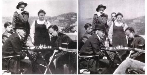 soviet03-500 - 1EarthMedia Standing behind Lenin and his chess partner Bogdanov, and next to Gorky is Zinovii Peshkov.