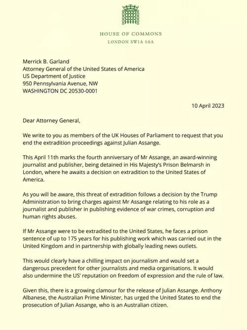 UKletter01-500 - 1EarthMedia UK Parliamentarians open letter to USA to drop the charges against Julian Assange