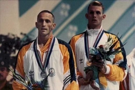 Andrew Baildon and Angus Waddell - 1EarthMedia Andrew Baildon, right, with his Gold Medal for the Men's 50m Freestyle. Angus Waddell, Australia, left, claimed the Silver.