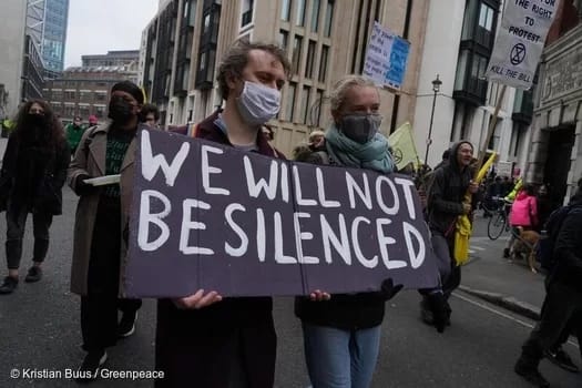 We will not be silenced. SLAPP lawsuit. Image courtesy of Greenpace