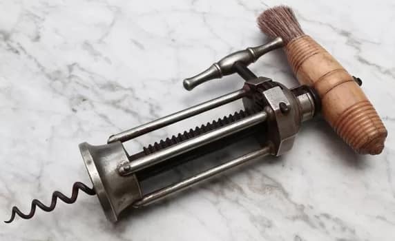 OldCorkscrew001 - 1EarthMedia 19th century English nickel plated four-pillar King's screw corkscrew