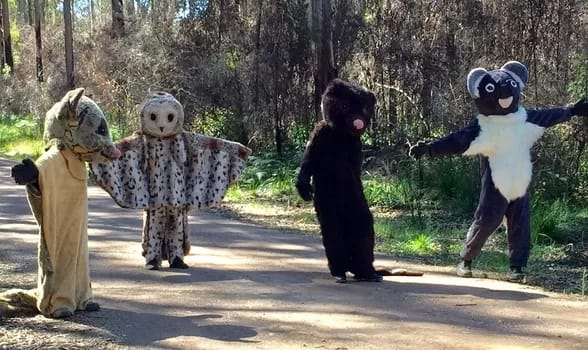 extinctiontaree400 - 1EarthMedia Protesters dressed as Koala, Greater Glider, Masked Owl, Yellow-bellied Glider and Tiger Quoll