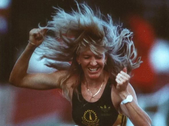 1990 Auckland Commonwealth Games Athletics Jane Fleming reacts to winning gold at the Auckland Commonwealth Games