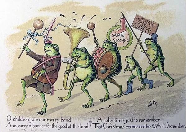 Christmas_card_LouisPrang - 1EarthMedia Christmas card by Louis Prang, showing a group of anthropmorphized frogs parading with banner and band.
