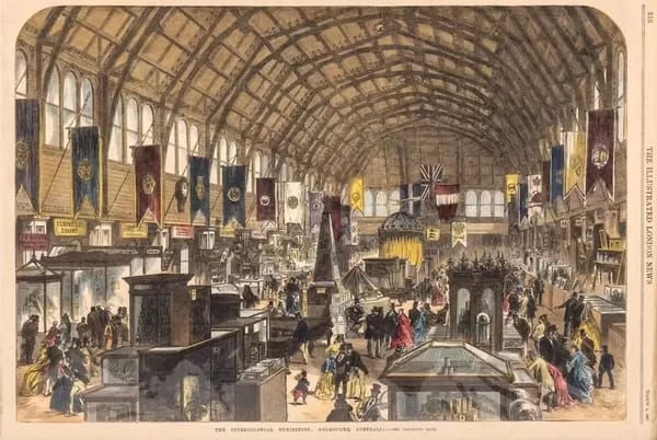 OzPhoto002-600 - 1EarthMedia The Intercolonial Exhibition, Melbourne, Australia. Originally printed in The Illustrated London News March. Author provided