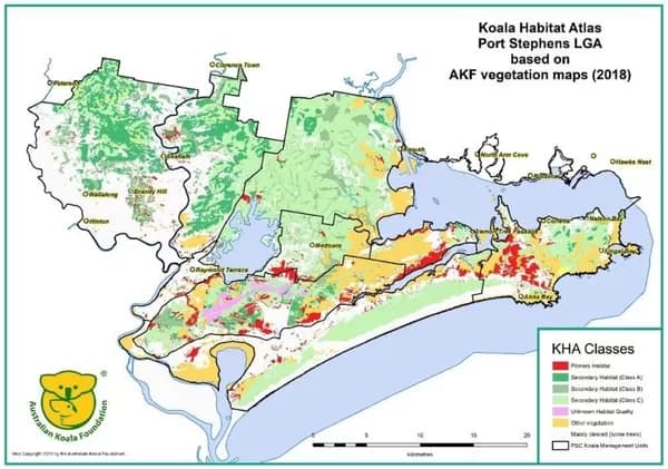 koalahabitatatlas01 - 1EarthMedia Port Stephens LGA Koala Habitat Atlas based on AKF vegetation mapping. Large areas of Primary Habitat are shown in the southern half of the map.