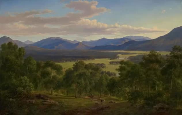 VictoriaNativeForest2-400 - 1EarthMedia The park-like landscape early colonists saw was a cultural landscape created by First Nations. This 1866 Eugene von Guerard painting is Spring in the valley of the Mitta Mitta with the Bogong Ranges. National Gallery of Victoria, Melbourne, CC BY-NC