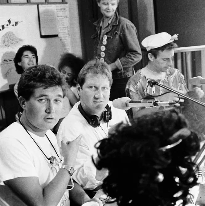012a-crop - 1EarthMedia Uncle Doug Mulray at the radio Triple Jay 10th birthday party in 1985, with Malcolm Lees, Maurice Parker, Vic Davies & friends. © Mark Anning / 1EarthMedia photo 1985