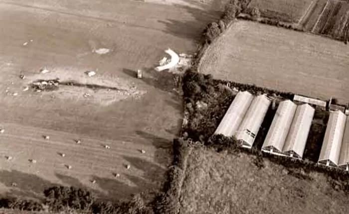 LightningCrash02 - 1EarthMedia Aerial view of English Electric Lightning F1 aircraft crash site at Hatfield, UK