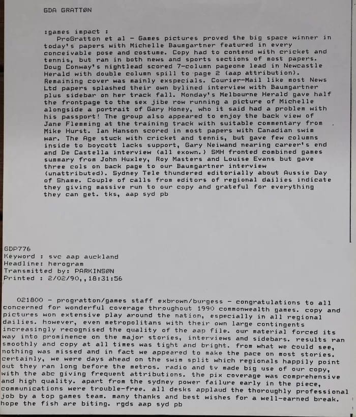 Auckland Commonwealth Games 1990 - 1EarthMedia AAP Herogram sent to photographers and journalists in Auckland