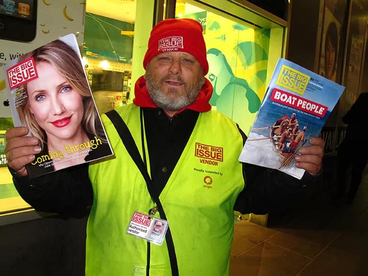RobWallsTWL-3492 - 1EarthMedia This Working Life project: Big Issue vendor, Wayne Mc Paul, Melbourne Central 2010, Canon G10 Powershot, by Rob Walls
