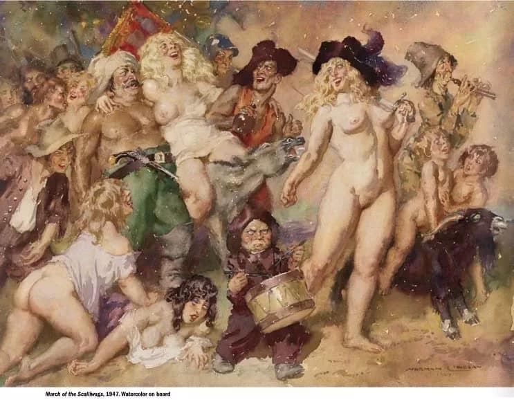 US012 - 1EarthMedia March of the Scalliwags, 1947, Norman Lindsay, watercolor on board
