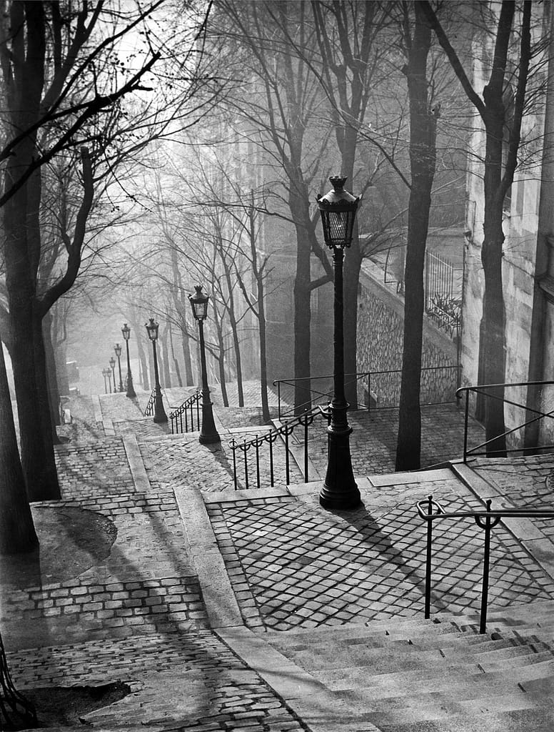 Brassaï Escalier de la Butte Montmartre c - 1EarthMedia Foggy, cobblestone stairpath with vintage lampposts lining the stairs and bare trees on a misty day.