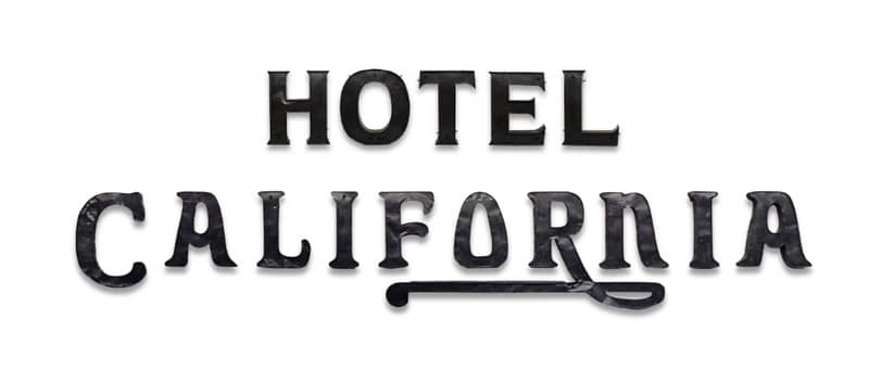 Diane Keaton - 1EarthMedia Logo reading 'HOTEL CALIFORNIA' in bold black serif letters with a guitar-shaped underline beneath California.
