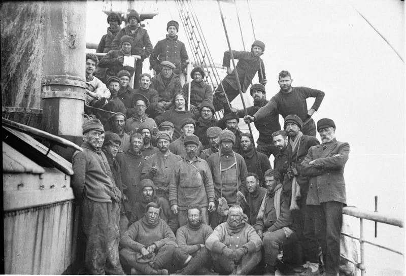 SYaurora003 - 1EarthMedia Captain John King Davis with group on SY Aurora after leaving Western Base 1913 Photographer Frank Hurley