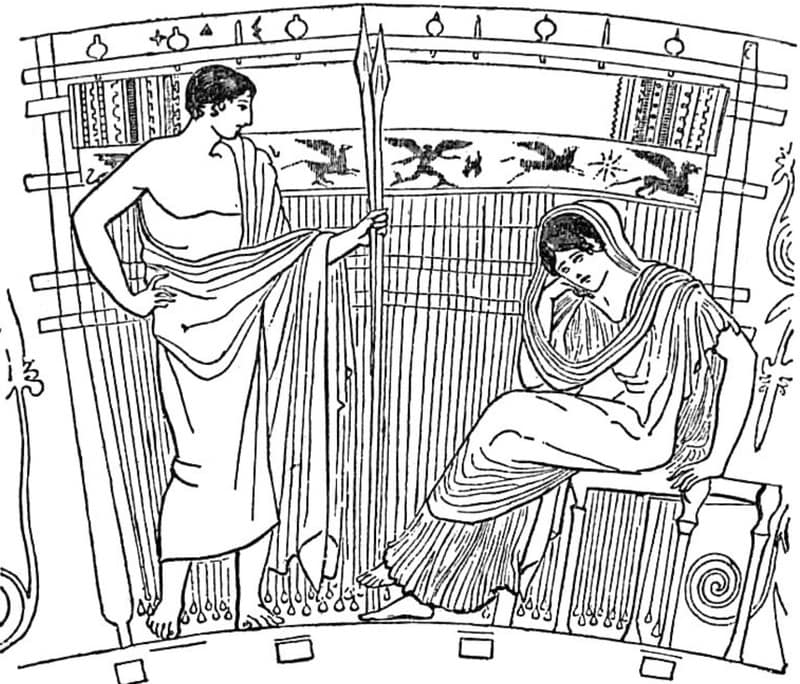 Homer-PenelopesWeb - 1EarthMedia Ancient Greek scene: a man in a cloak holding a spear stands before a seated woman in flowing robes on a decorative frieze.