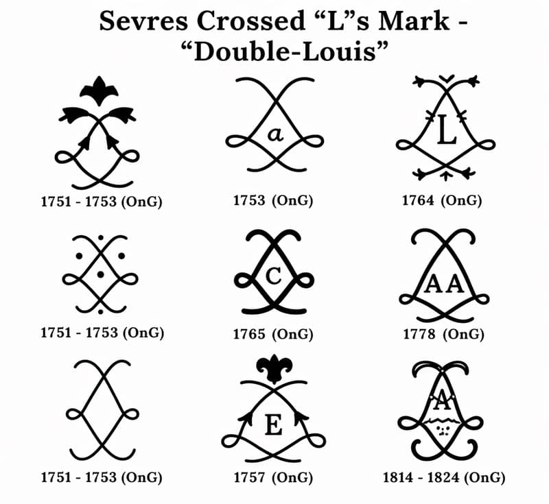 sevres marks - 1EarthMedia Sèvres crossed 'L' mark variant with palm-like top, dated 1751–1753 (OnG).