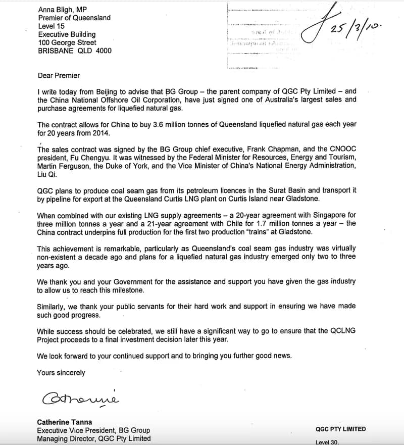 QGCtannabligh - 1EarthMedia 2010 Letter to Anna Bligh from Catherine Tanna, BG Group