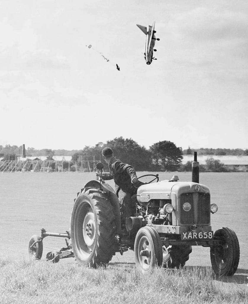 LightningCrash03-1200 - 1EarthMedia Jim Meads photo of pilot George Aird ejecting from his English Electric Lightning F1 aircraft