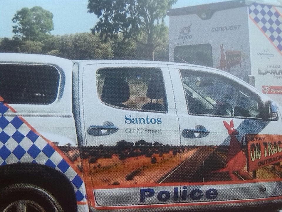 Media as resistance: Disrupting and shifting power. Queensland Police, proudly brought to you by Santos coal seam gas.