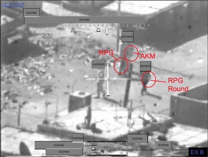 017 - 1EarthMedia Exhibit B – 0620:07 Z Still from Apache Gun Camera Film showing insurgents with RPG and AKM.