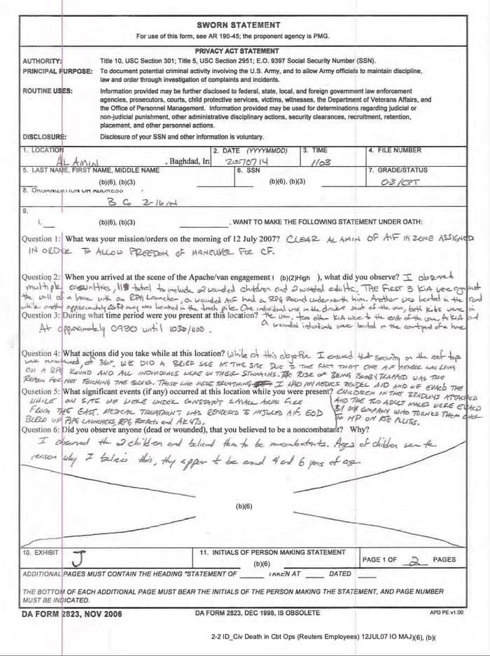 025 - 1EarthMedia Exhibit J – Sworn Statement of CPT , Company Commander, B/2-16 IN).