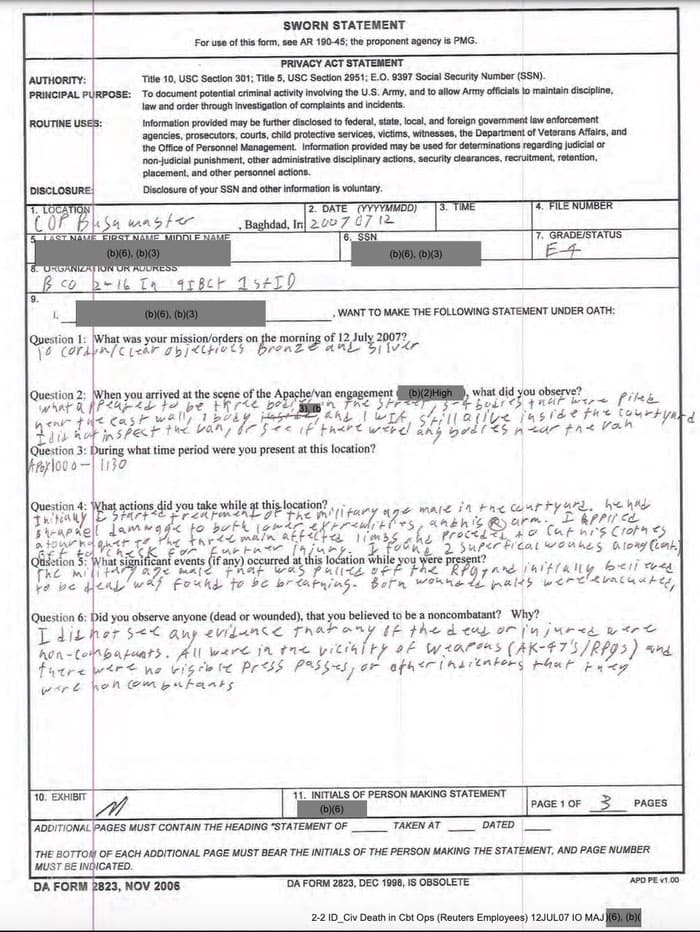 032 - 1EarthMedia Exhibit M – Sworn Statement of SPC Medic, B/2-16 IN).