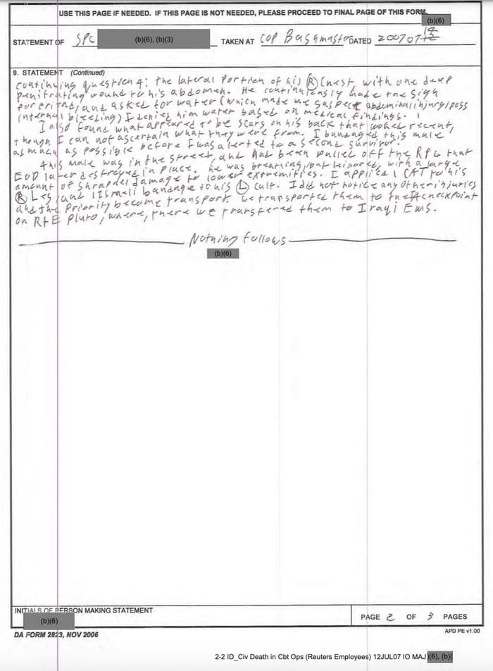 033 - 1EarthMedia Exhibit M – Sworn Statement of SPC Medic, B/2-16 IN).